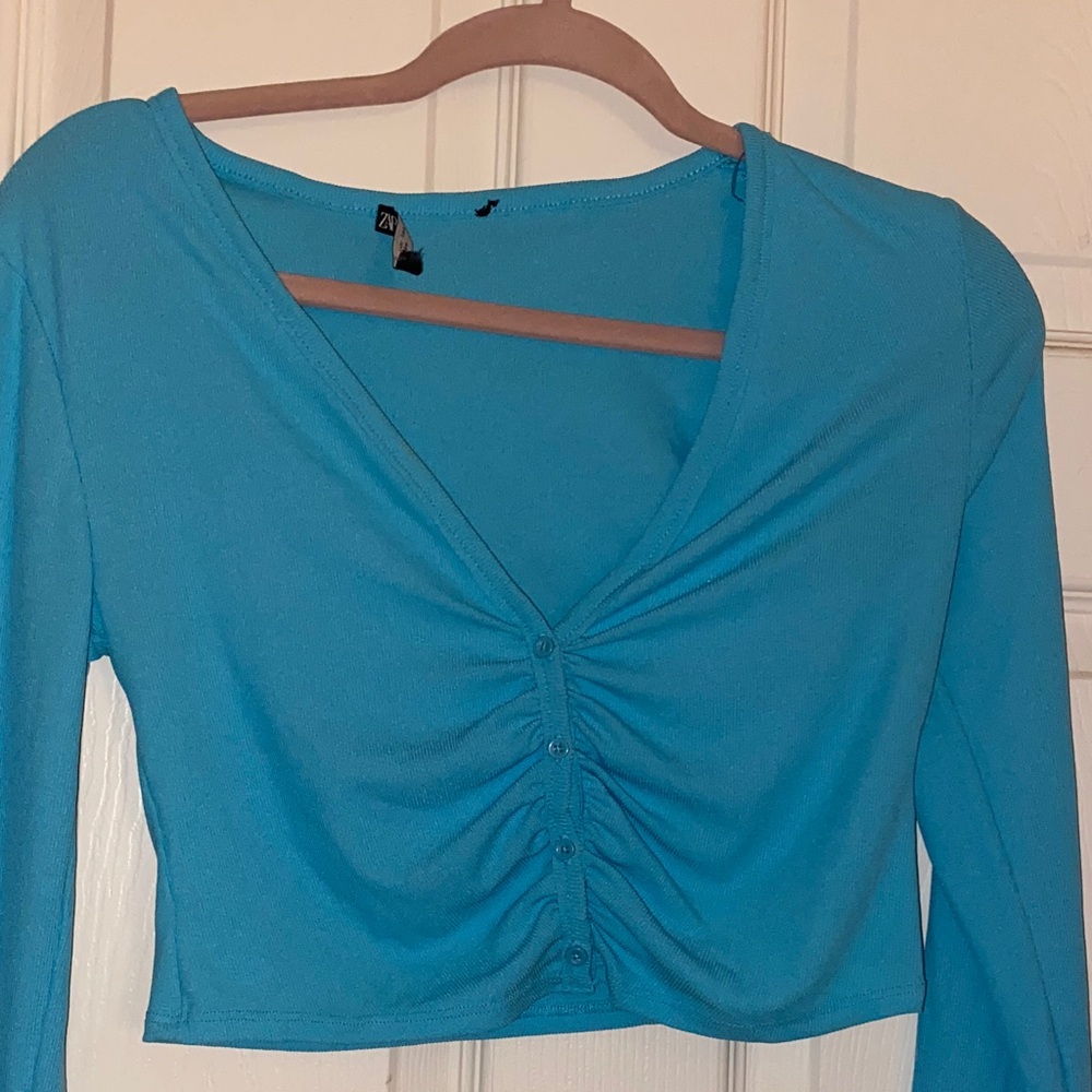 Zara Turquoise Ruched Long Sleeve Blouse